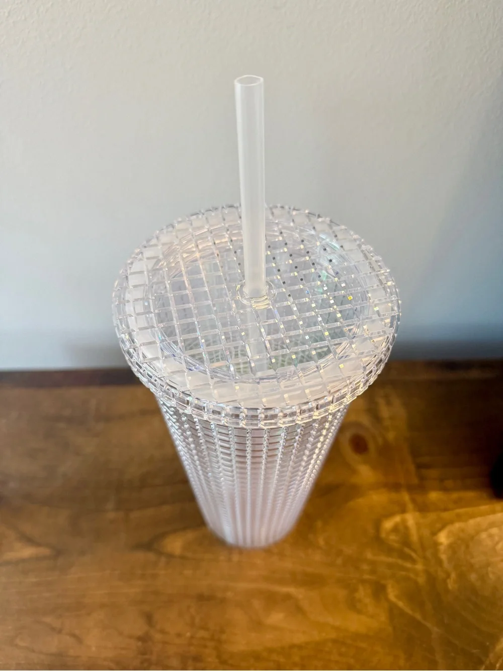 Platinum Iridescent Studded Grid Disco Venti Tumbler Cup, 24 oz with Lid & Straw